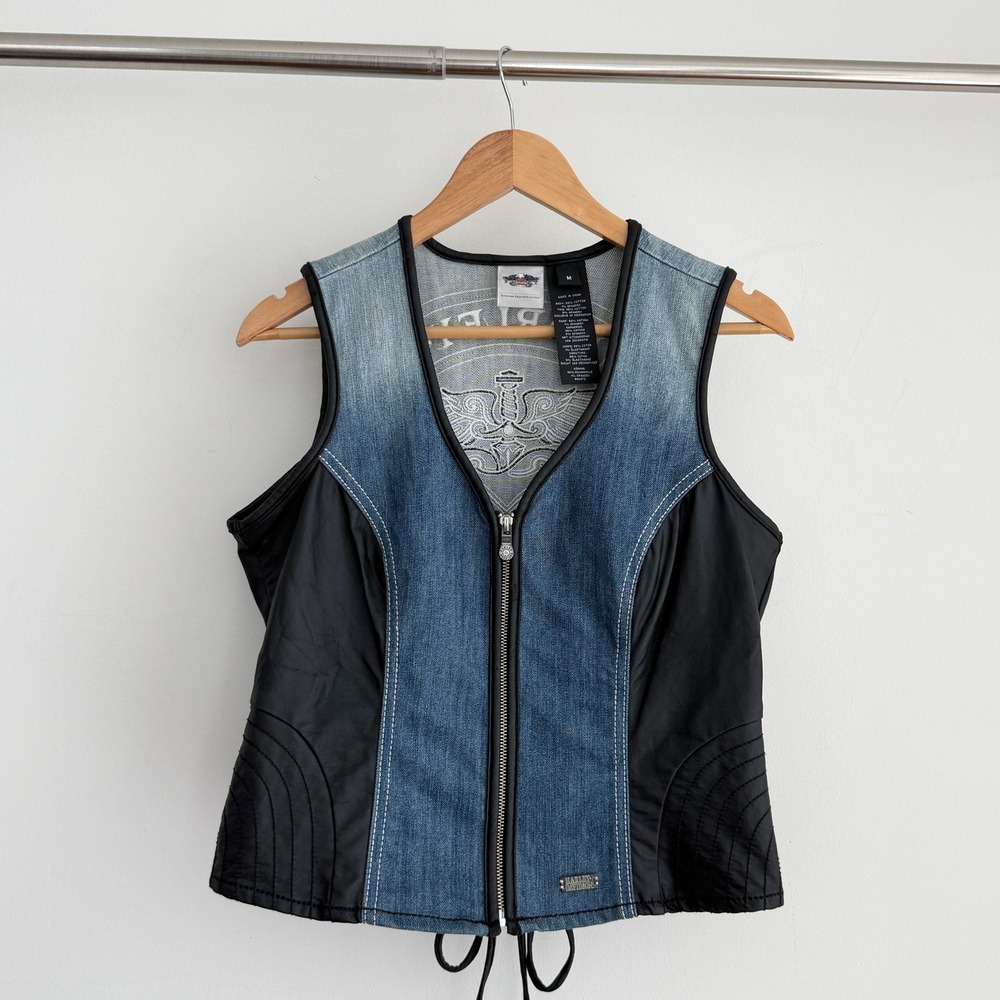 Vintage Harley Vintage Davidson Vest Womens Medium Denim Y2K Corset Lace Up - Picture 2 of 12